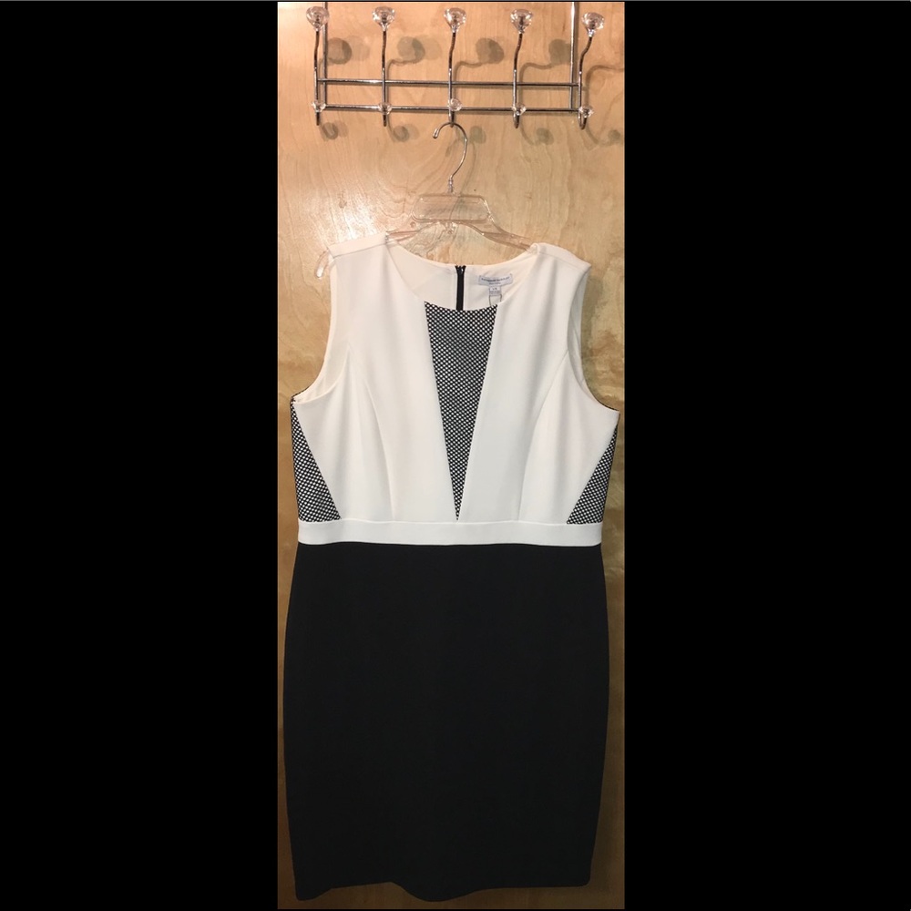 Katherine Barclay eggshell and black dress